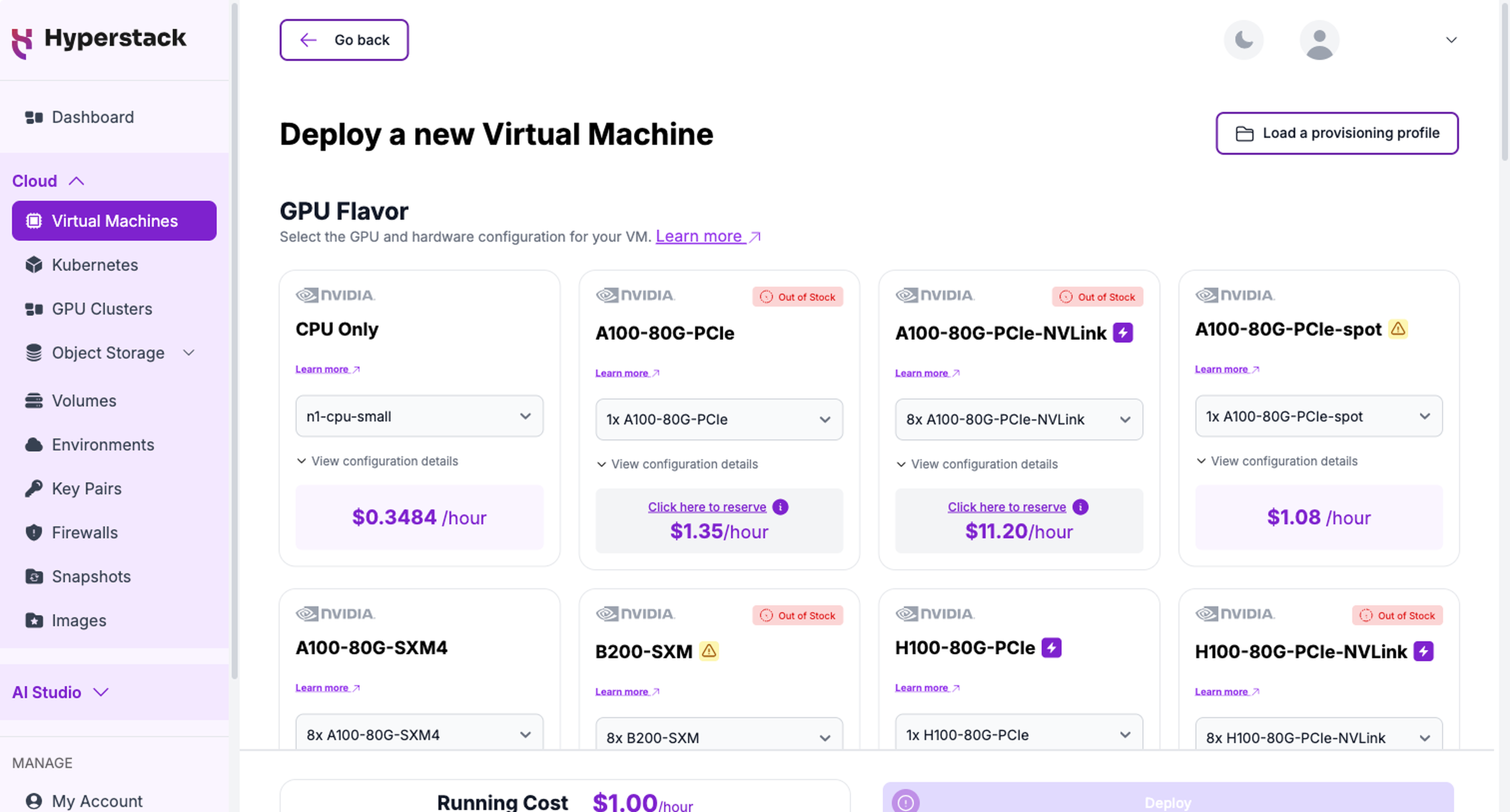 The GPU Flavor grid on the Deploy Virtual Machine page. In-stock cards show a per-hour price and a GPU-count dropdown, while out-of-stock cards show an Out of Stock badge and a Click here to reserve link in place of the price.