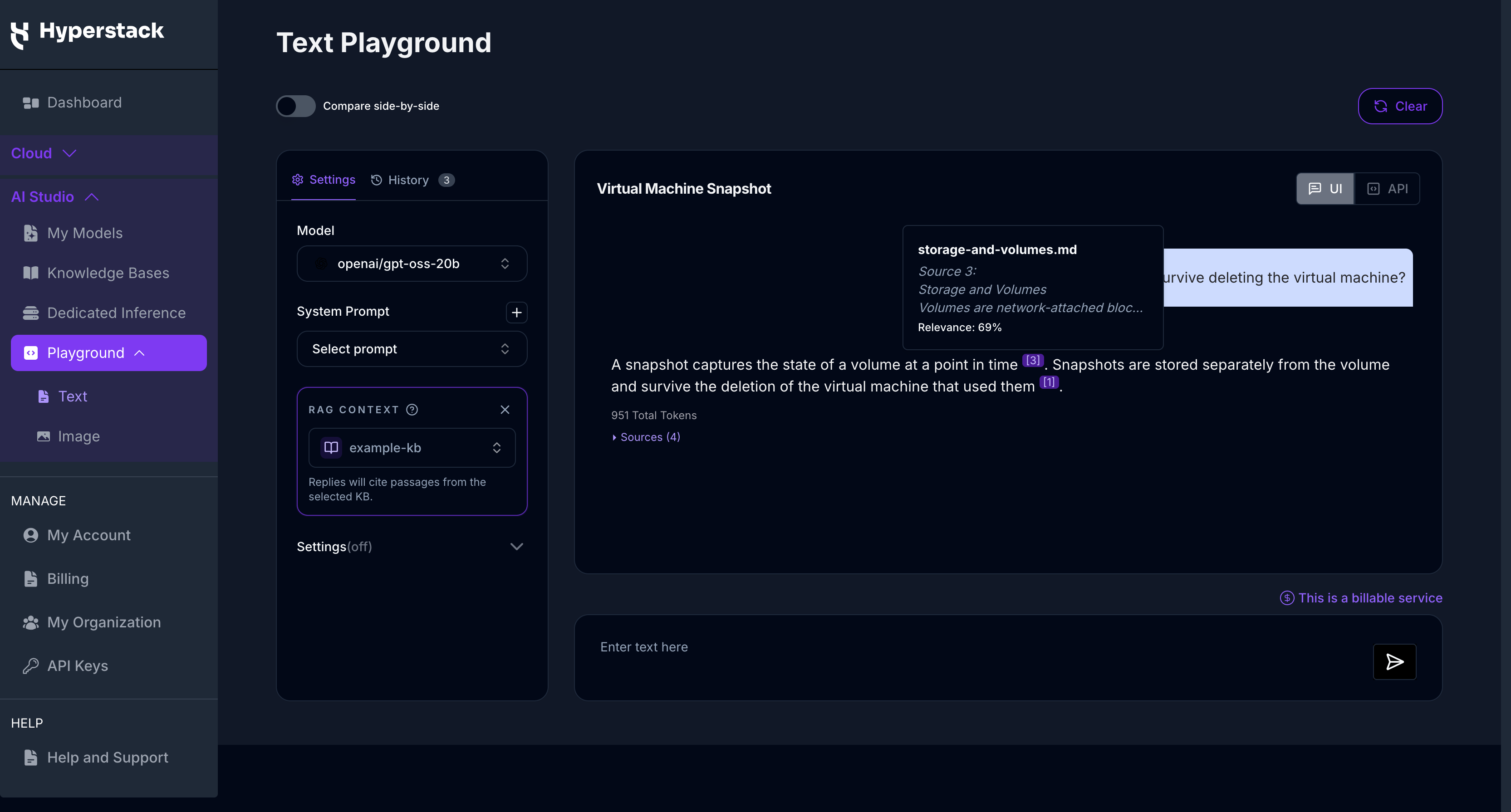 Text Playground - a grounded reply with a citation showing its source document, excerpt, and relevance score