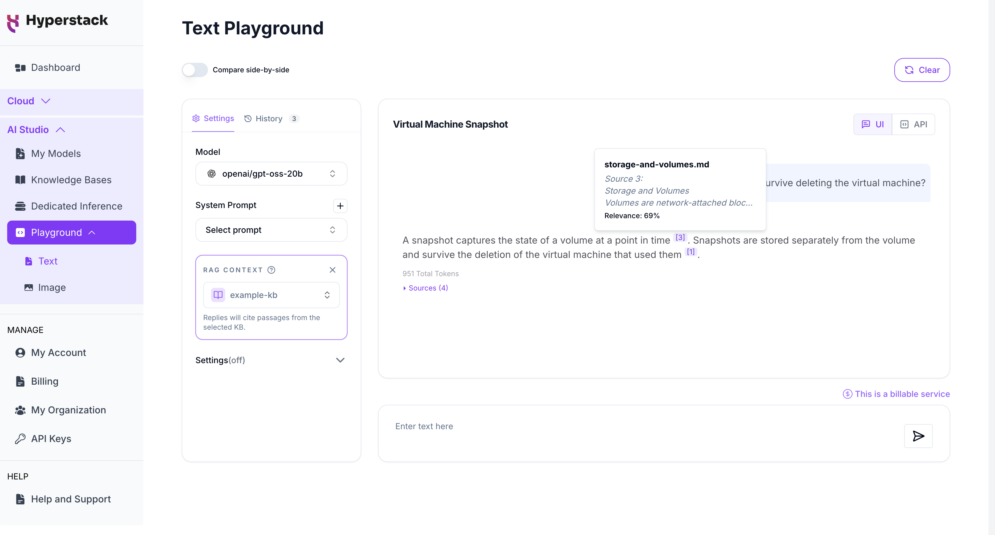 Text Playground - a grounded reply with a citation showing its source document, excerpt, and relevance score
