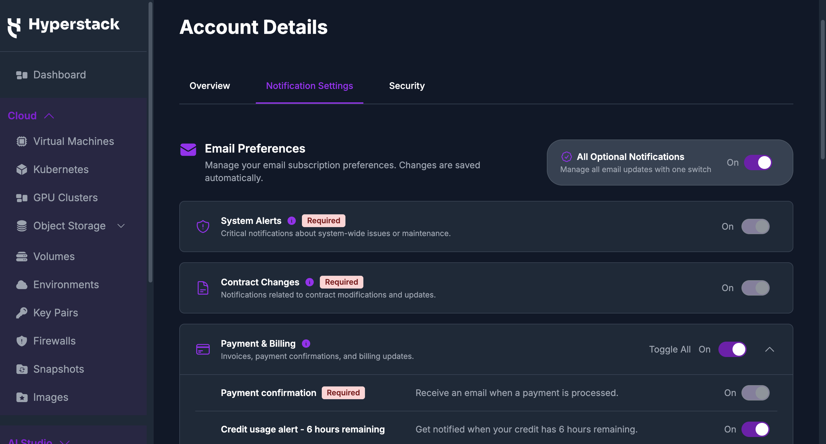 The Notification Settings page under My Account, showing the Email Preferences panel, the All Optional Notifications master switch, and the notification categories with their toggles