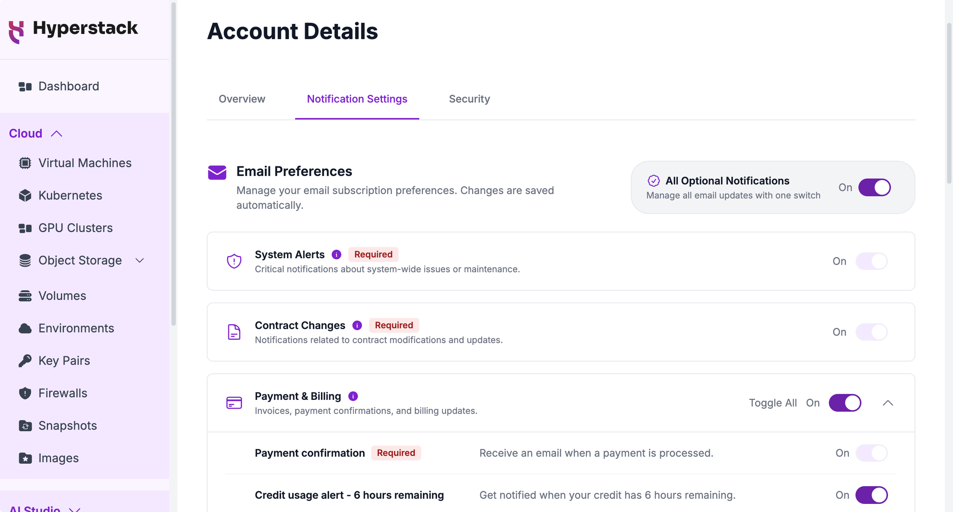The Notification Settings page under My Account, showing the Email Preferences panel, the All Optional Notifications master switch, and the notification categories with their toggles