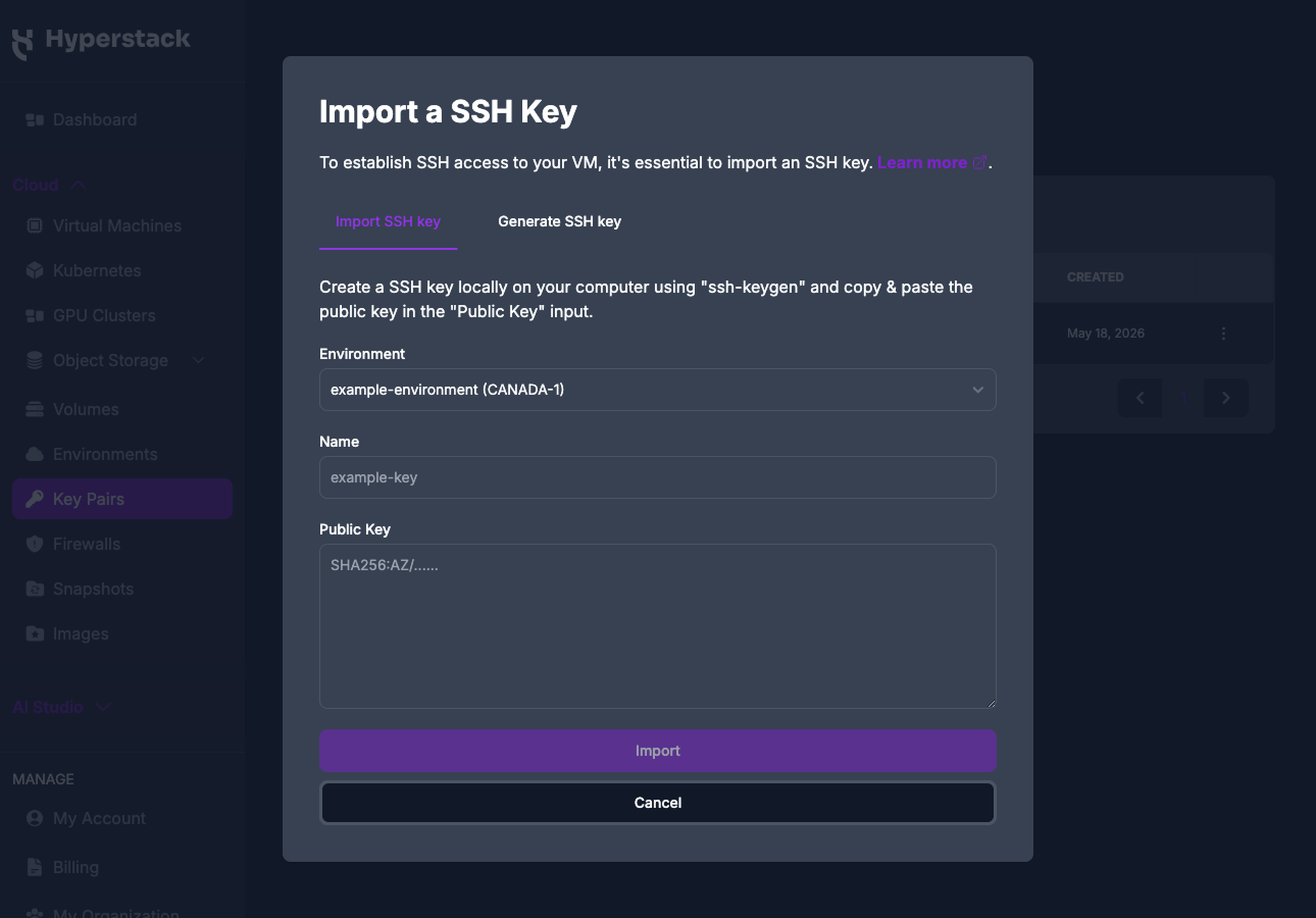 The Import SSH key tab of the Import a SSH Key modal