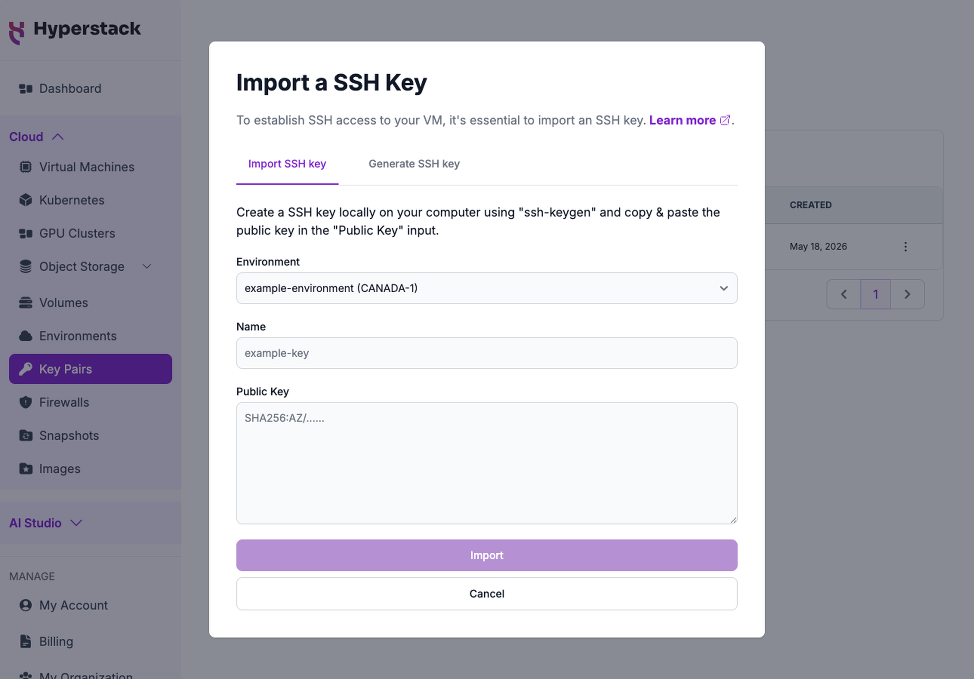 The Import SSH key tab of the Import a SSH Key modal