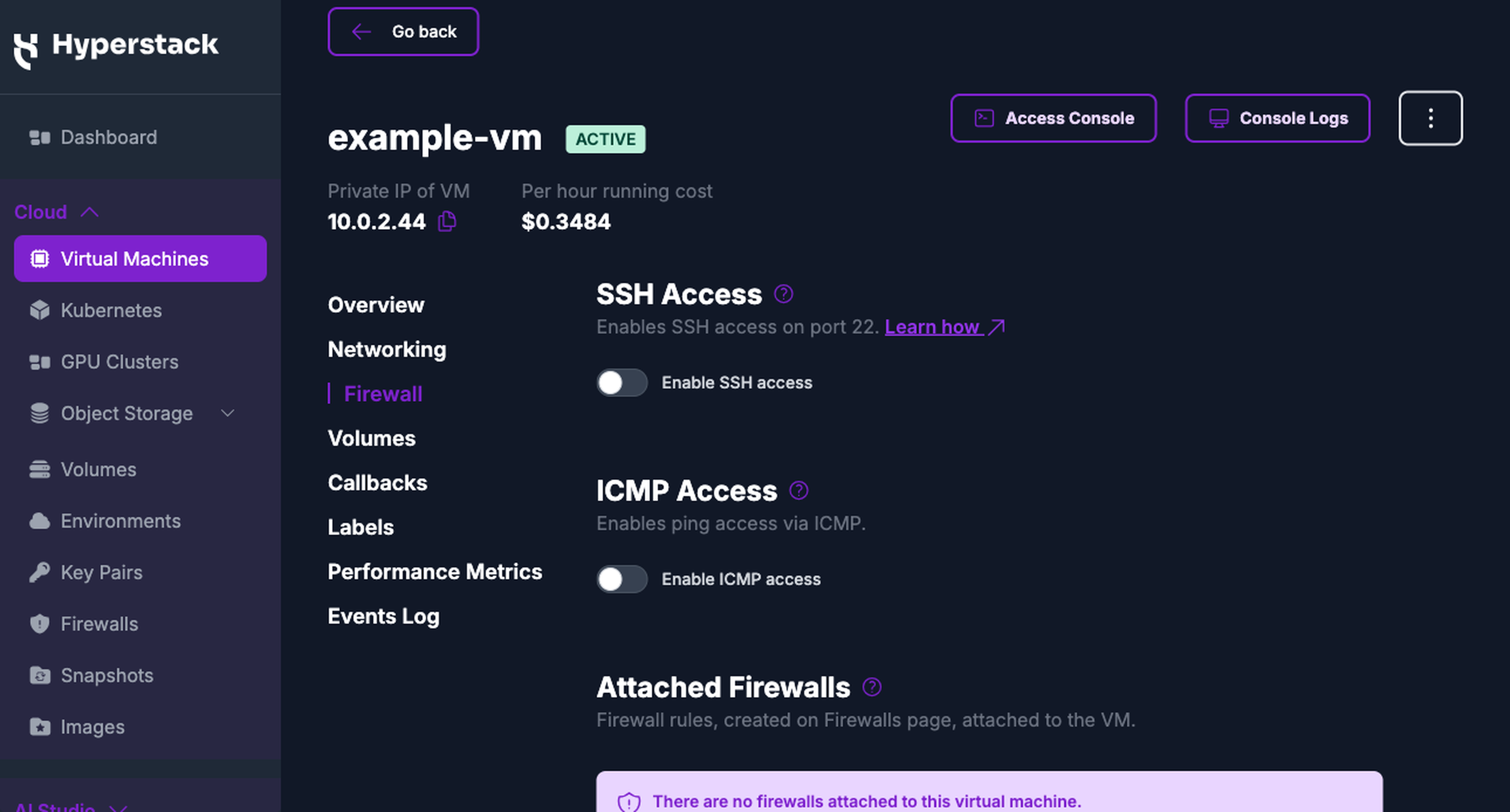 The Firewall tab of a virtual machine, showing the Enable SSH access toggle
