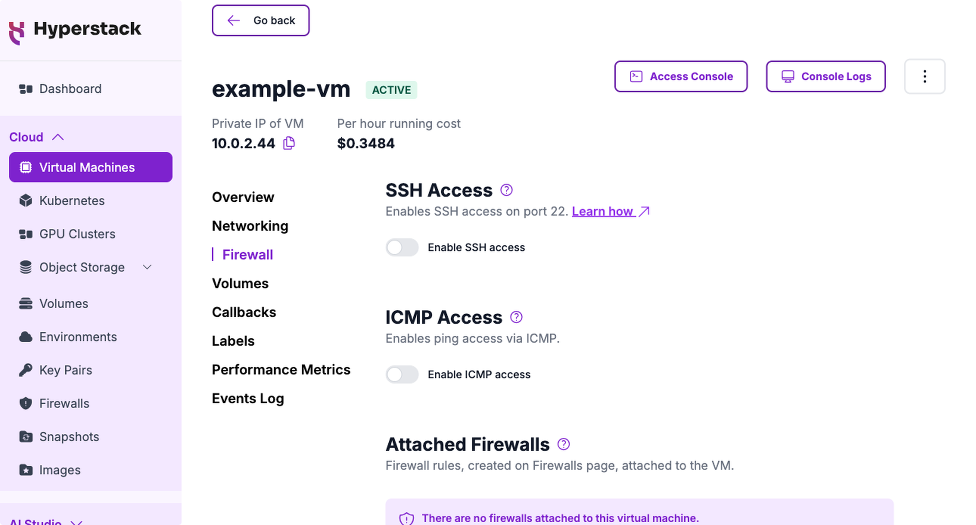 The Firewall tab of a virtual machine, showing the Enable SSH access toggle