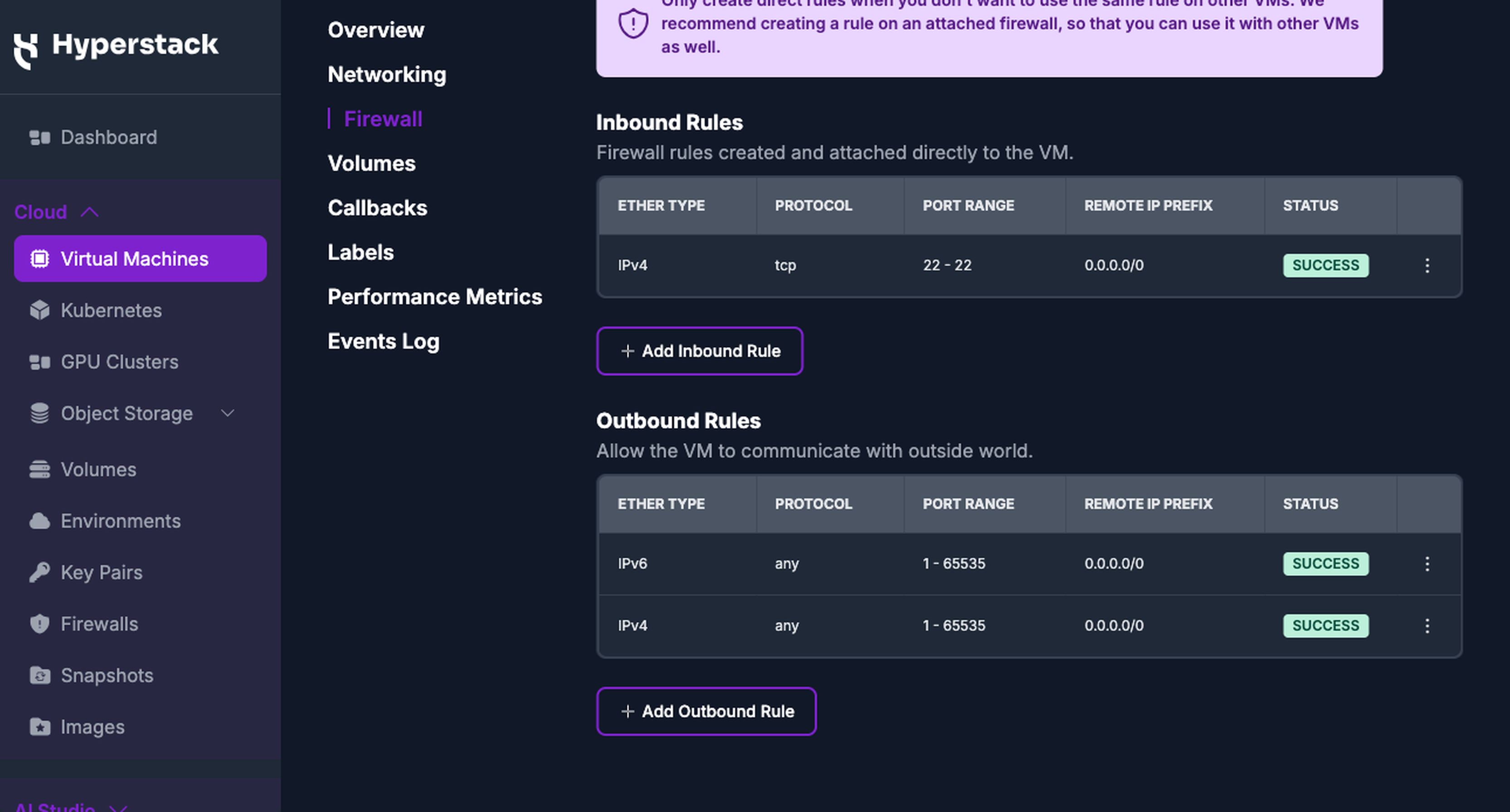 The Inbound Rules table showing the TCP port 22 rule with a SUCCESS status