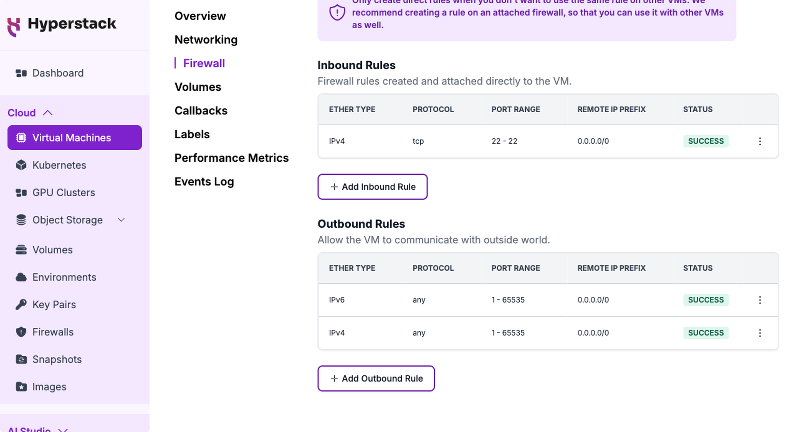 The Inbound Rules table showing the TCP port 22 rule with a SUCCESS status