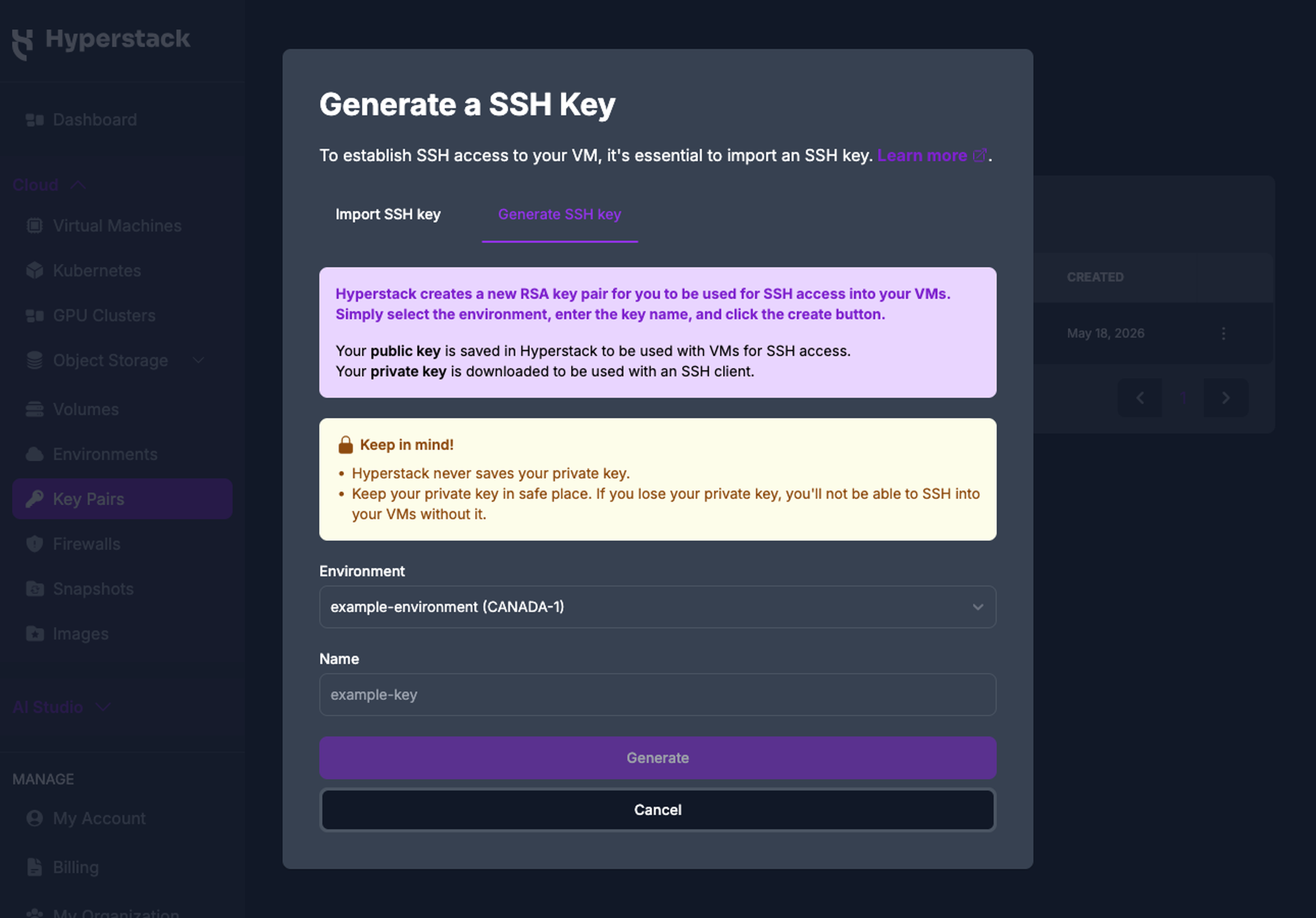 The Generate SSH key tab of the Generate a SSH Key modal