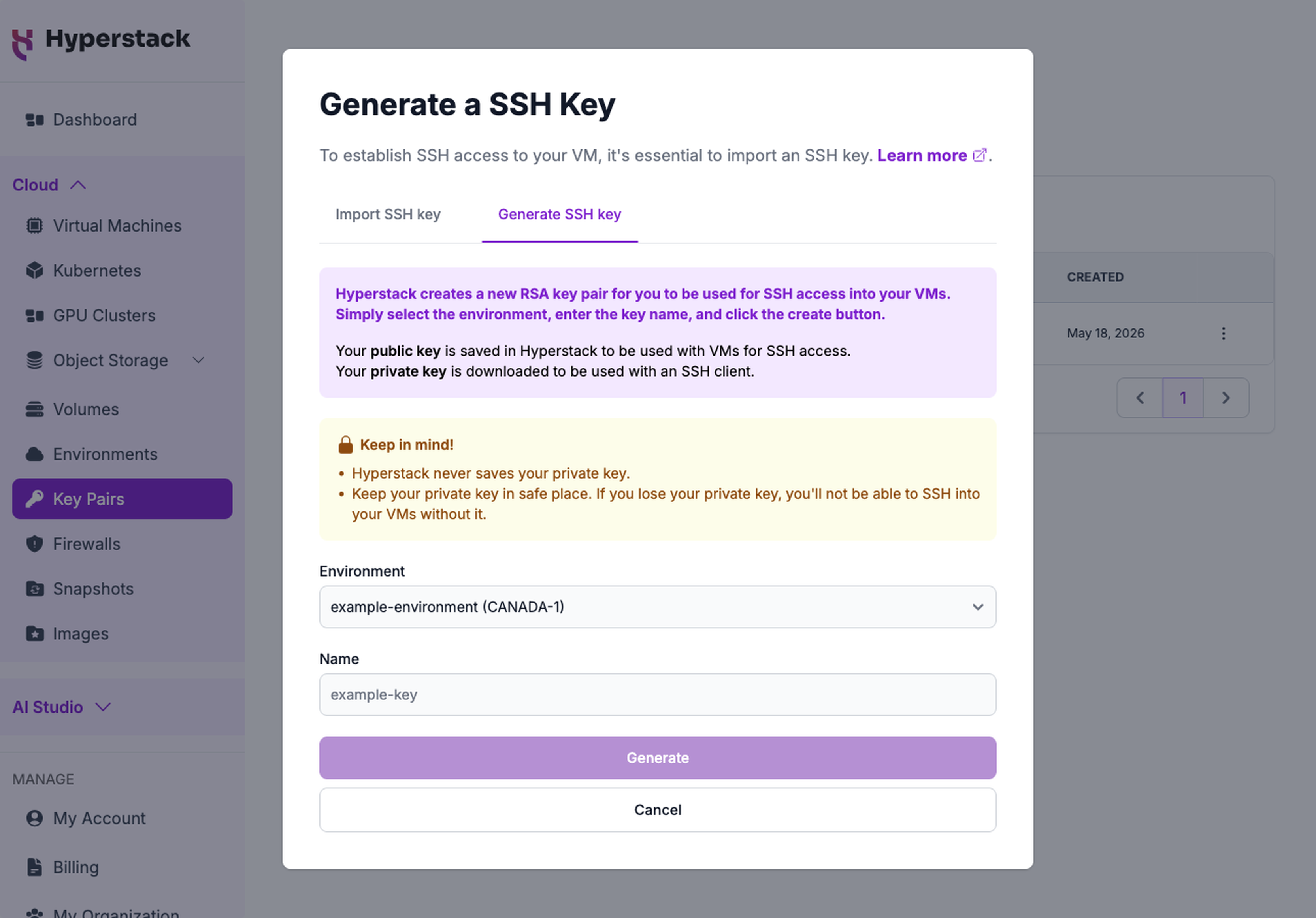 The Generate SSH key tab of the Generate a SSH Key modal