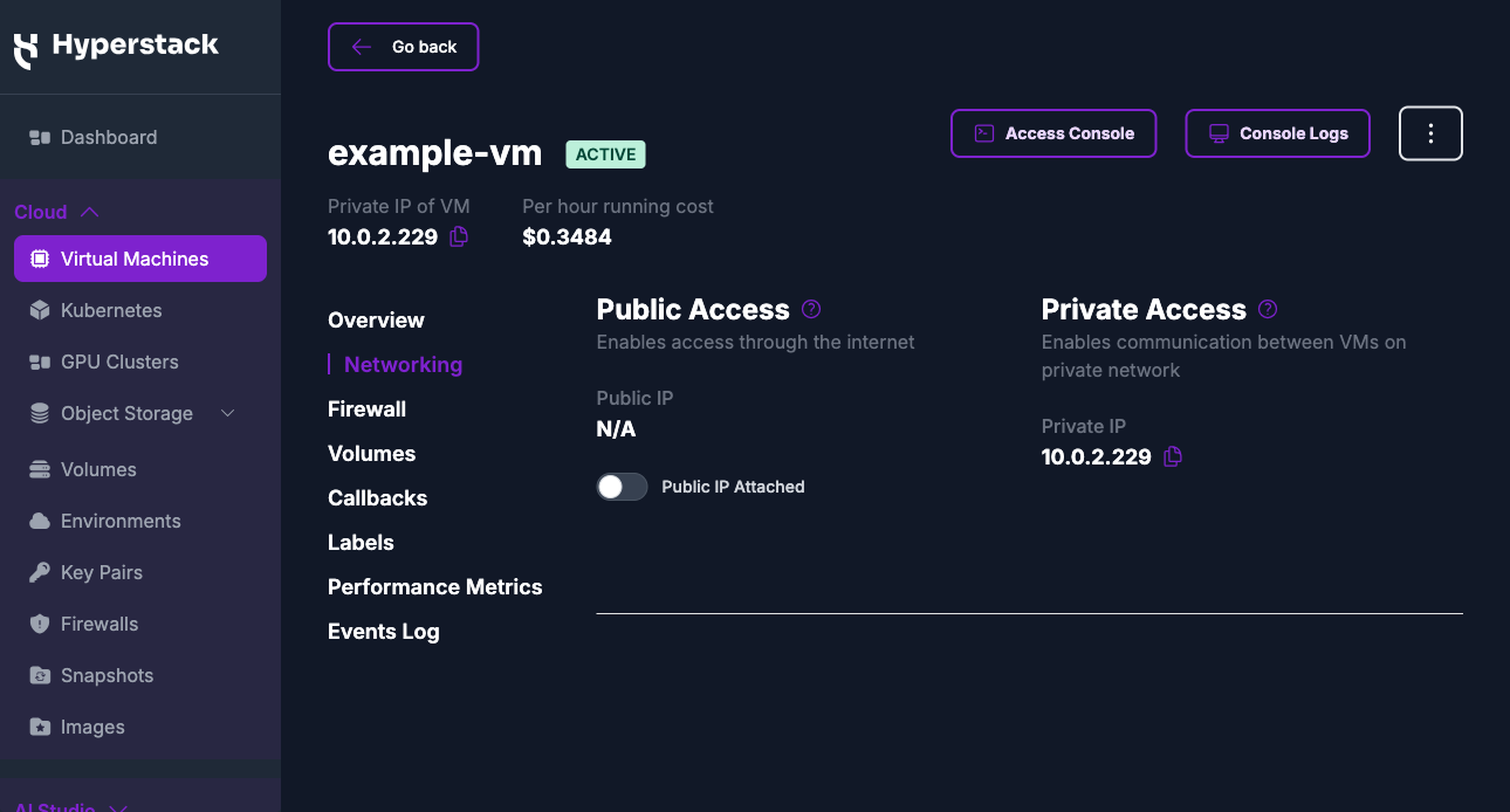The Networking tab of a virtual machine, showing the Public IP Attached toggle