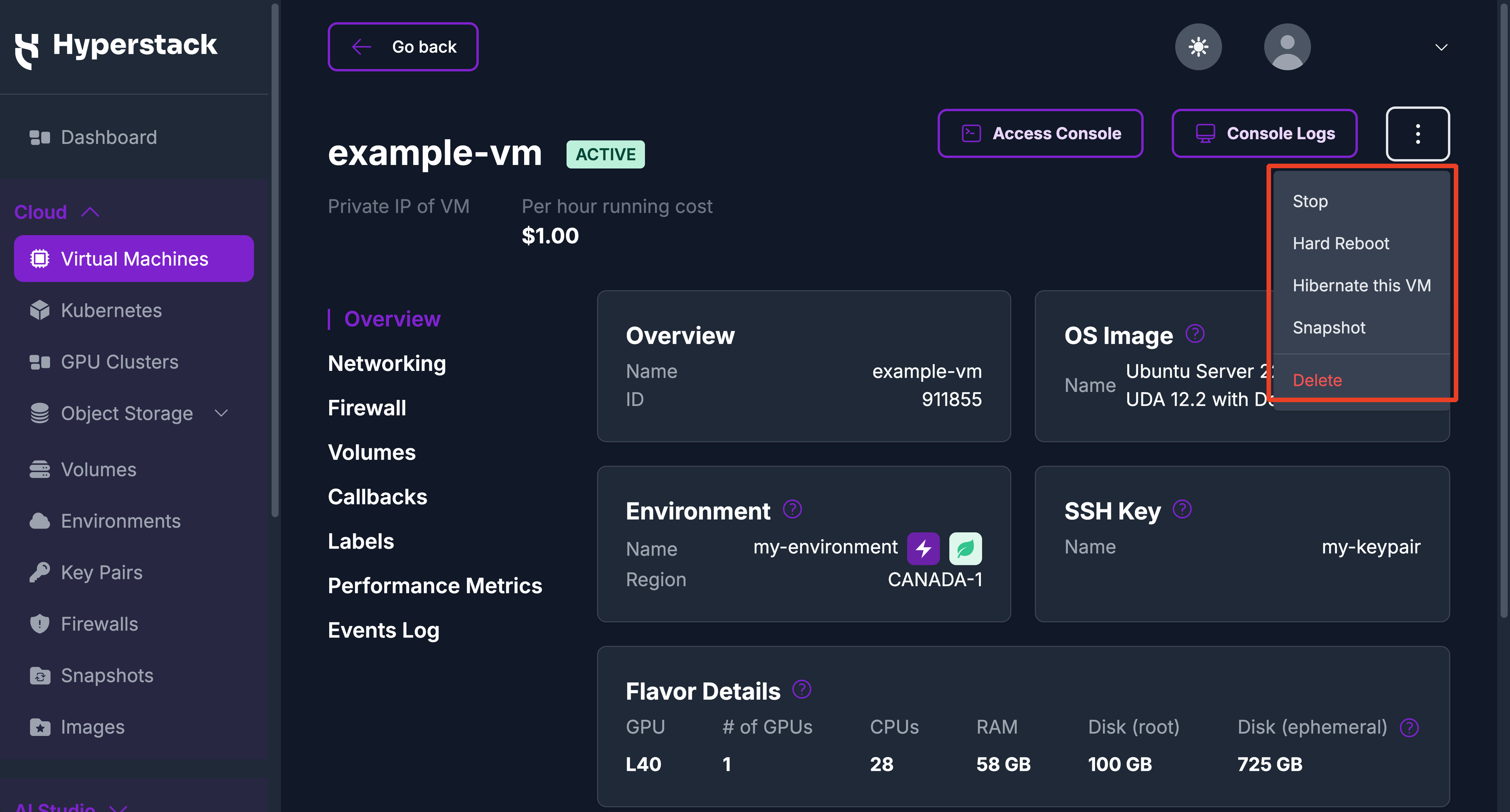 Virtual machine detail page with the actions menu open showing lifecycle actions