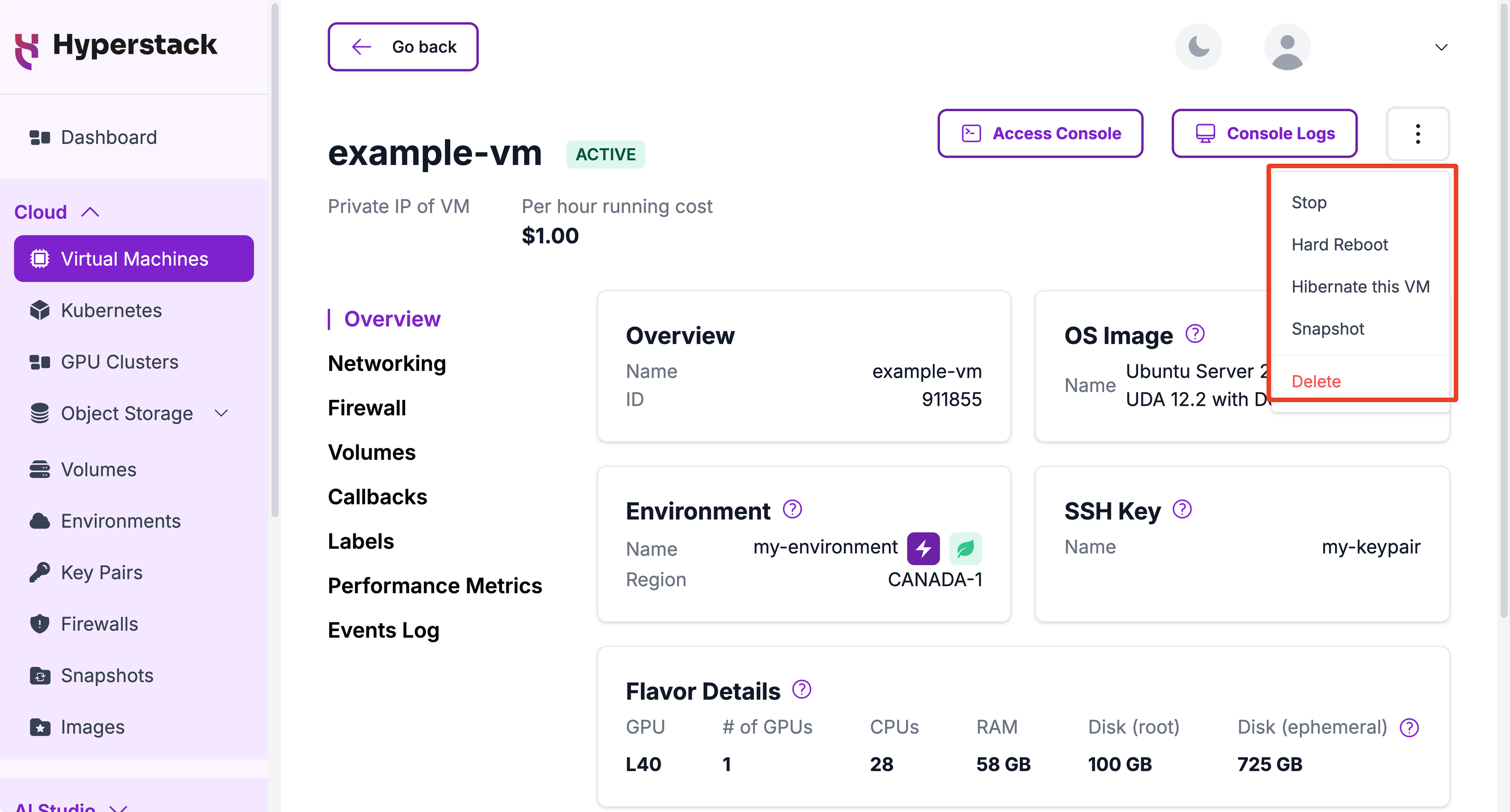 Virtual machine detail page with the actions menu open showing lifecycle actions