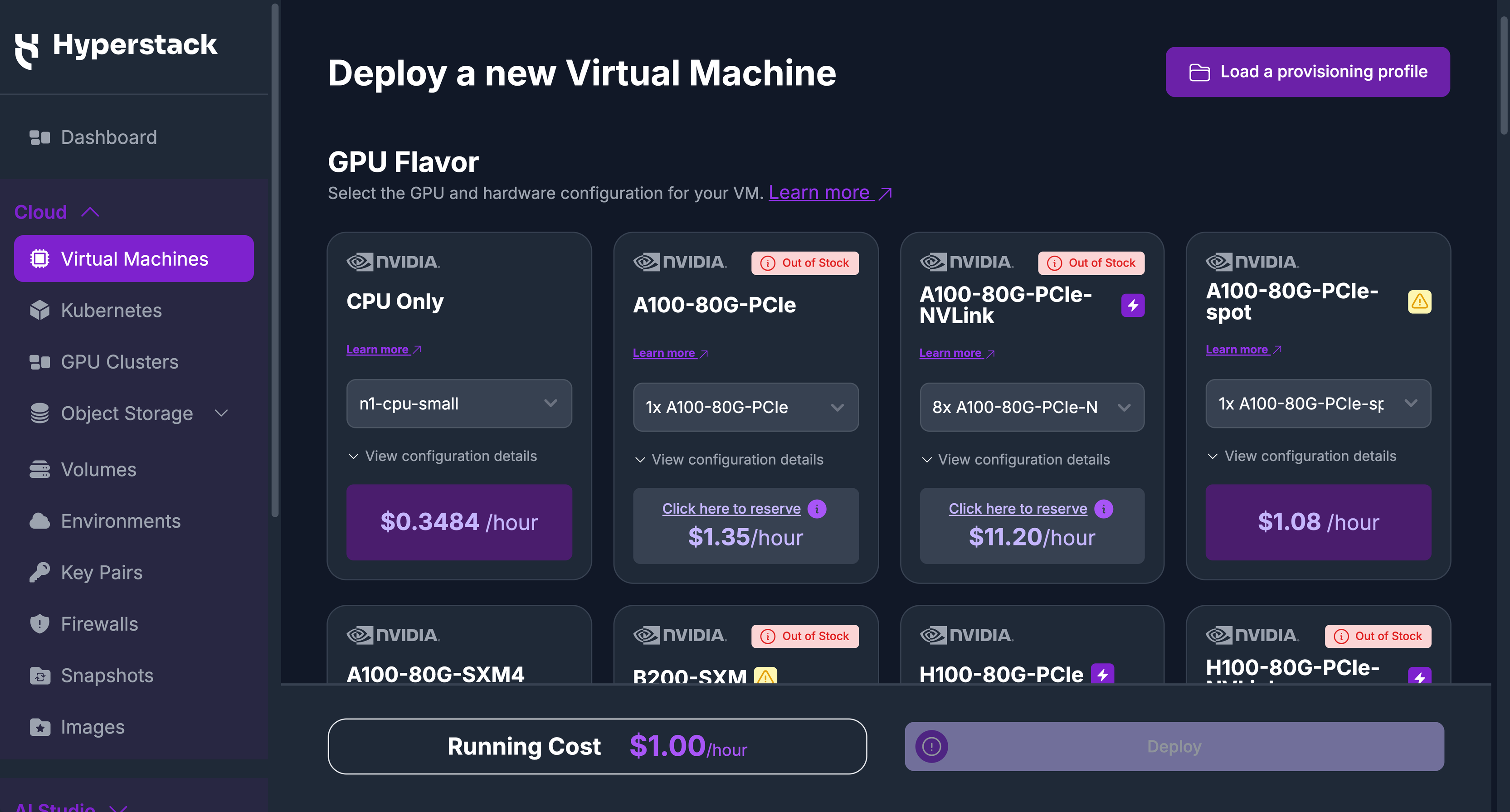 Deploy a new virtual machine page with the GPU flavor selection grid