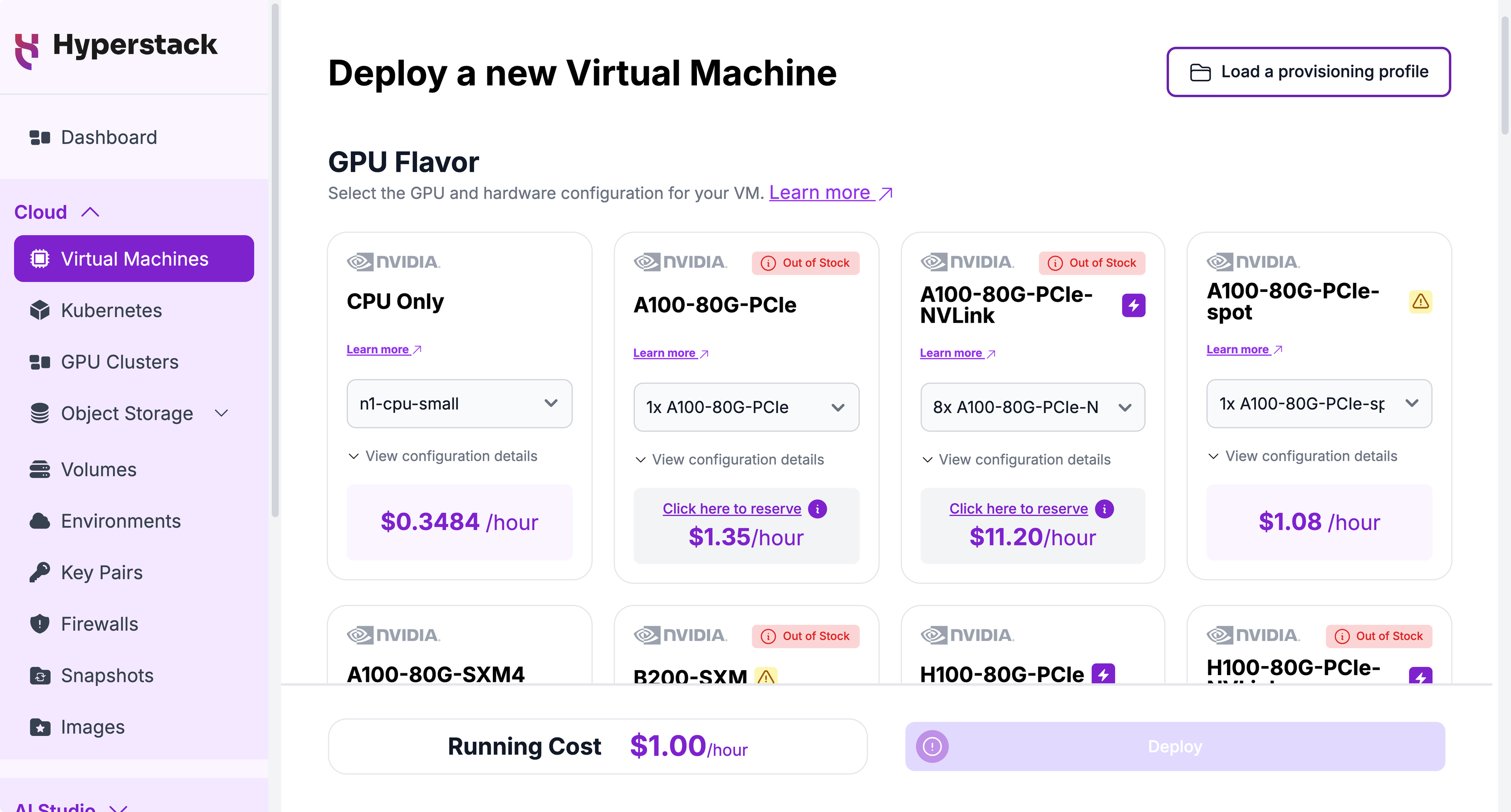Deploy a new virtual machine page with the GPU flavor selection grid