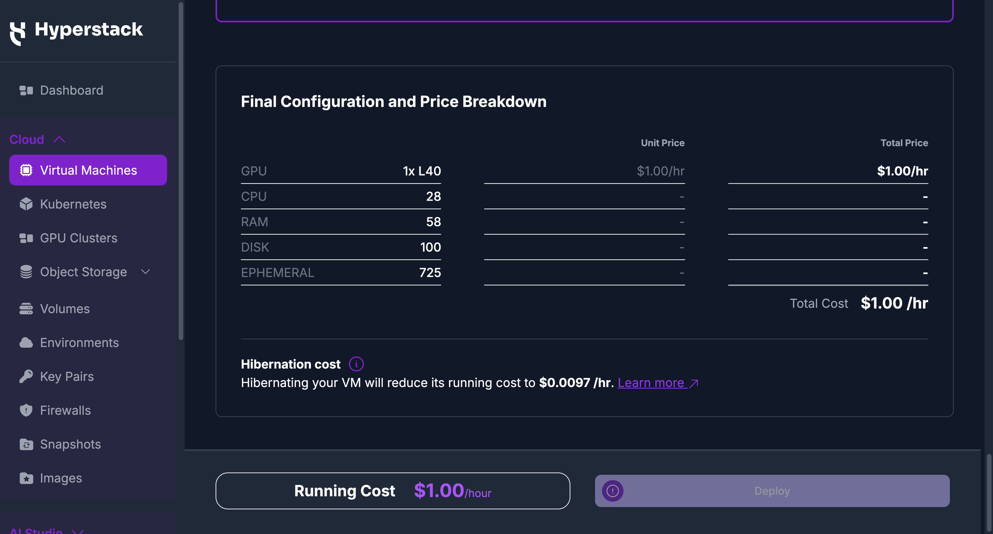 Final configuration and price breakdown panel on the deploy virtual machine page