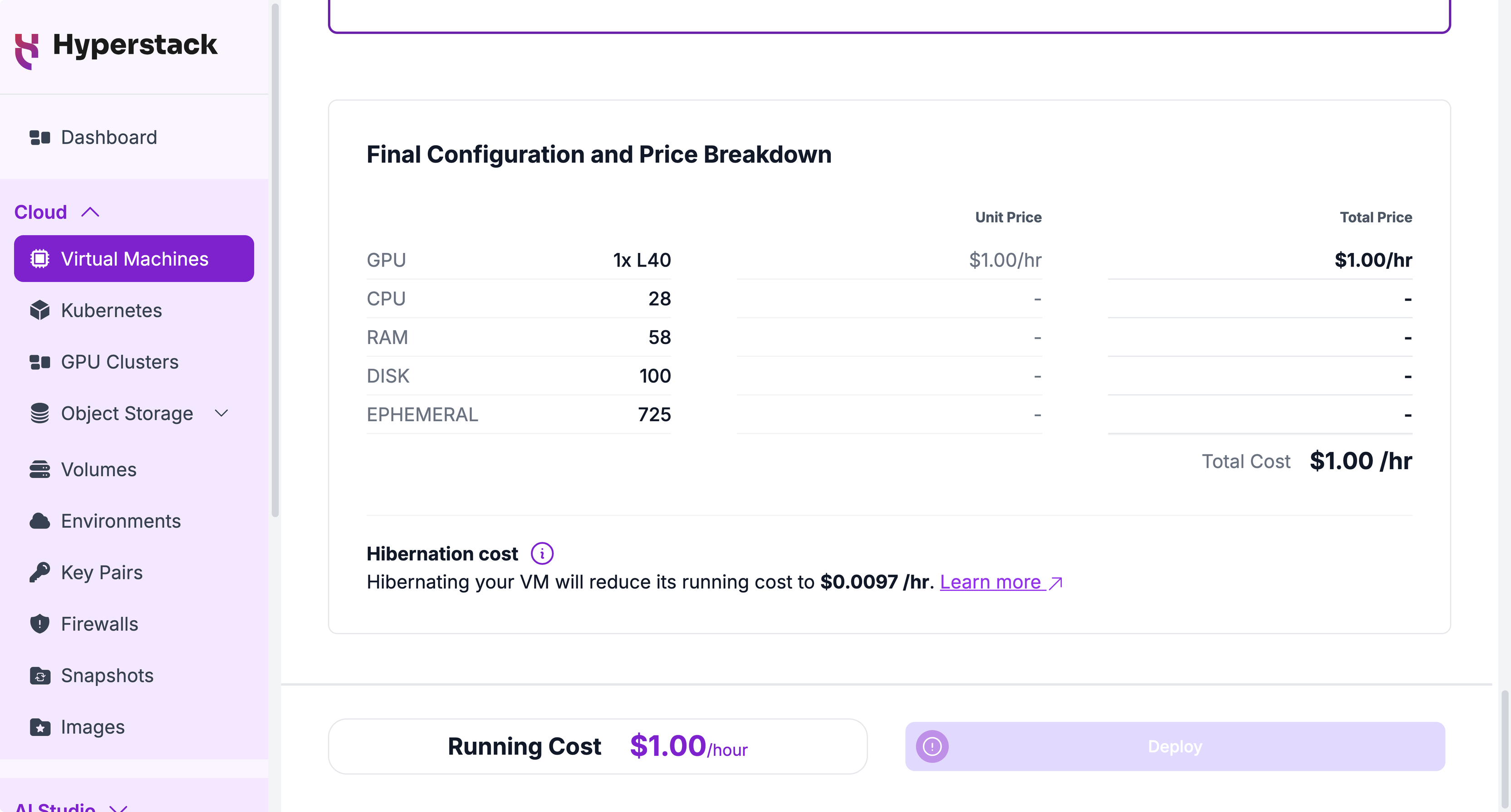 Final configuration and price breakdown panel on the deploy virtual machine page